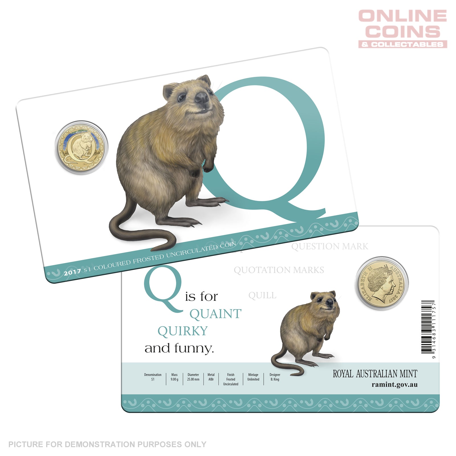2017 $1 Coloured Alphabet Frosted Coin In Card - Q For Quokka